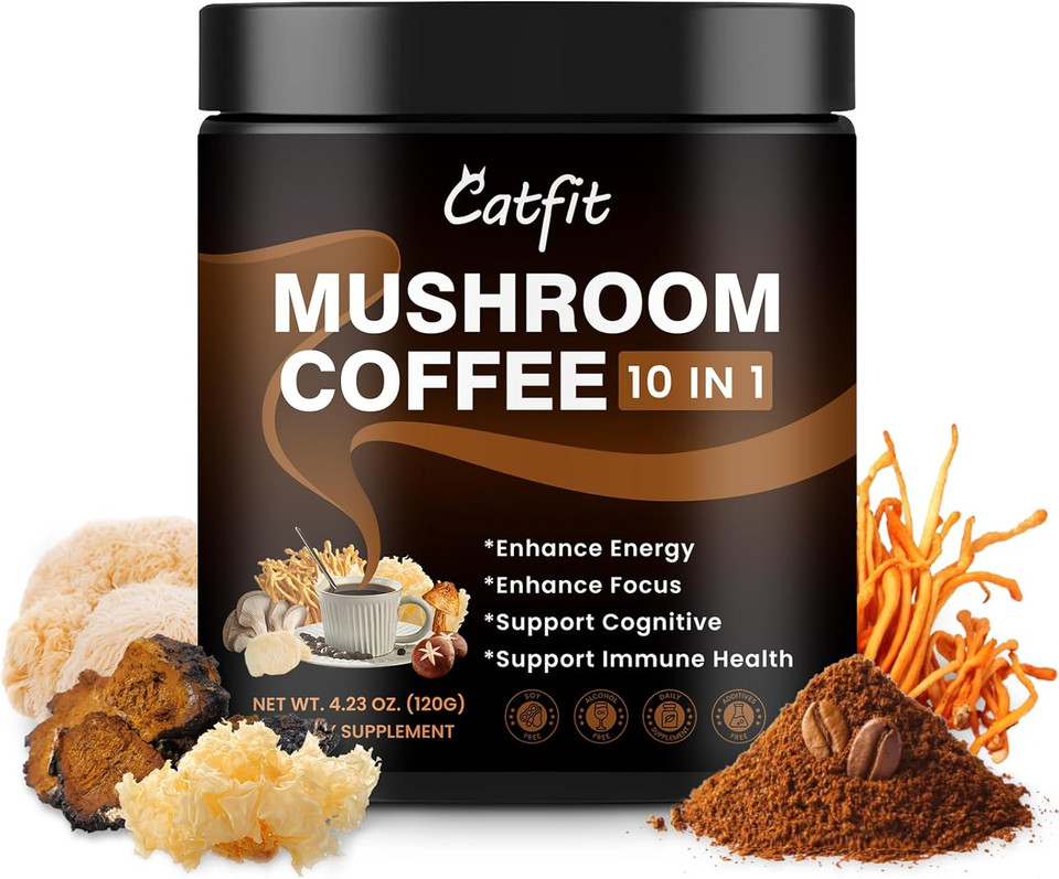 Mushroom Coffee Powder, 10 Mushroom Blend Supplements With Lion'S Mane, Chaga, Cordyceps, L-Theanine For Energy, Focus, Cognitive And Immunity, 50 Serving