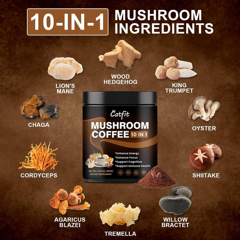 Mushroom Coffee Powder, 10 Mushroom Blend Supplements With Lion'S Mane, Chaga, Cordyceps, L-Theanine For Energy, Focus, Cognitive And Immunity, 50 Serving