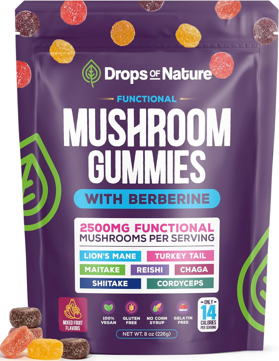 Mushroom Gummies & Berberine Supplement - Lion'S Mane, Turkey Tail, Maitake, Reishi, Chaga, Shiitake & Cordyceps - Organic Mushroom Supplement - Boosts Focus & Immune System (Mixed Fruits, 60 Gummies)