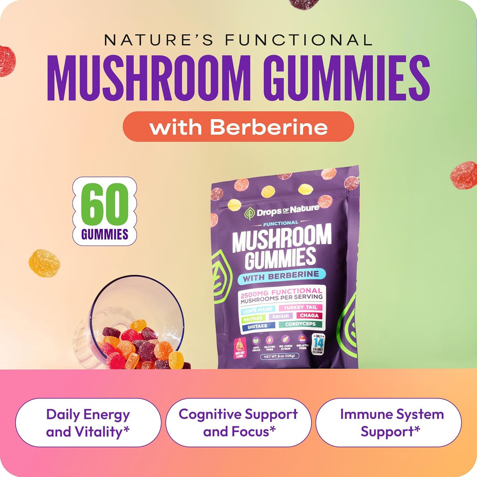 Mushroom Gummies & Berberine Supplement - Lion'S Mane, Turkey Tail, Maitake, Reishi, Chaga, Shiitake & Cordyceps - Organic Mushroom Supplement - Boosts Focus & Immune System (Mixed Fruits, 60 Gummies)