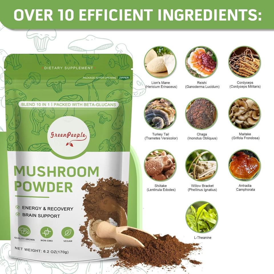Mushroom Powder Mushroom Supplement - 10-In-1 Mushrooms Lions Mane Powder With Reishi/Cordyceps/Chaga/Turkey Tail/Maitake/Complex For Cognitive Function & Immune Support 60 Servings