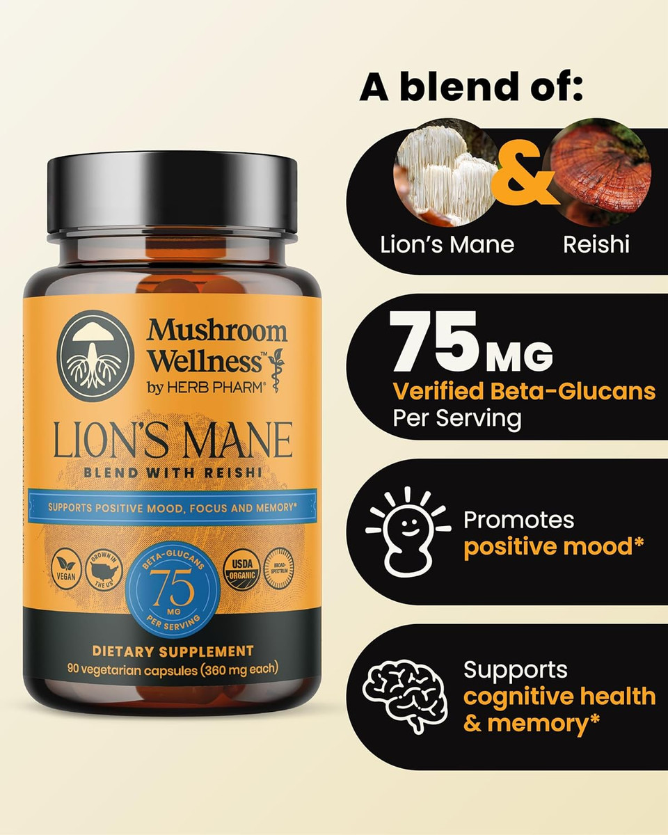 Mushroom Wellness LionS Mane Blend With Reishi: Organic Lion'S Mane & Reishi Mushroom Capsules, Mushroom Powder Supplement, Supports Cognitive Health, Memory, And Mental Focus, 90 Vegan Capsules