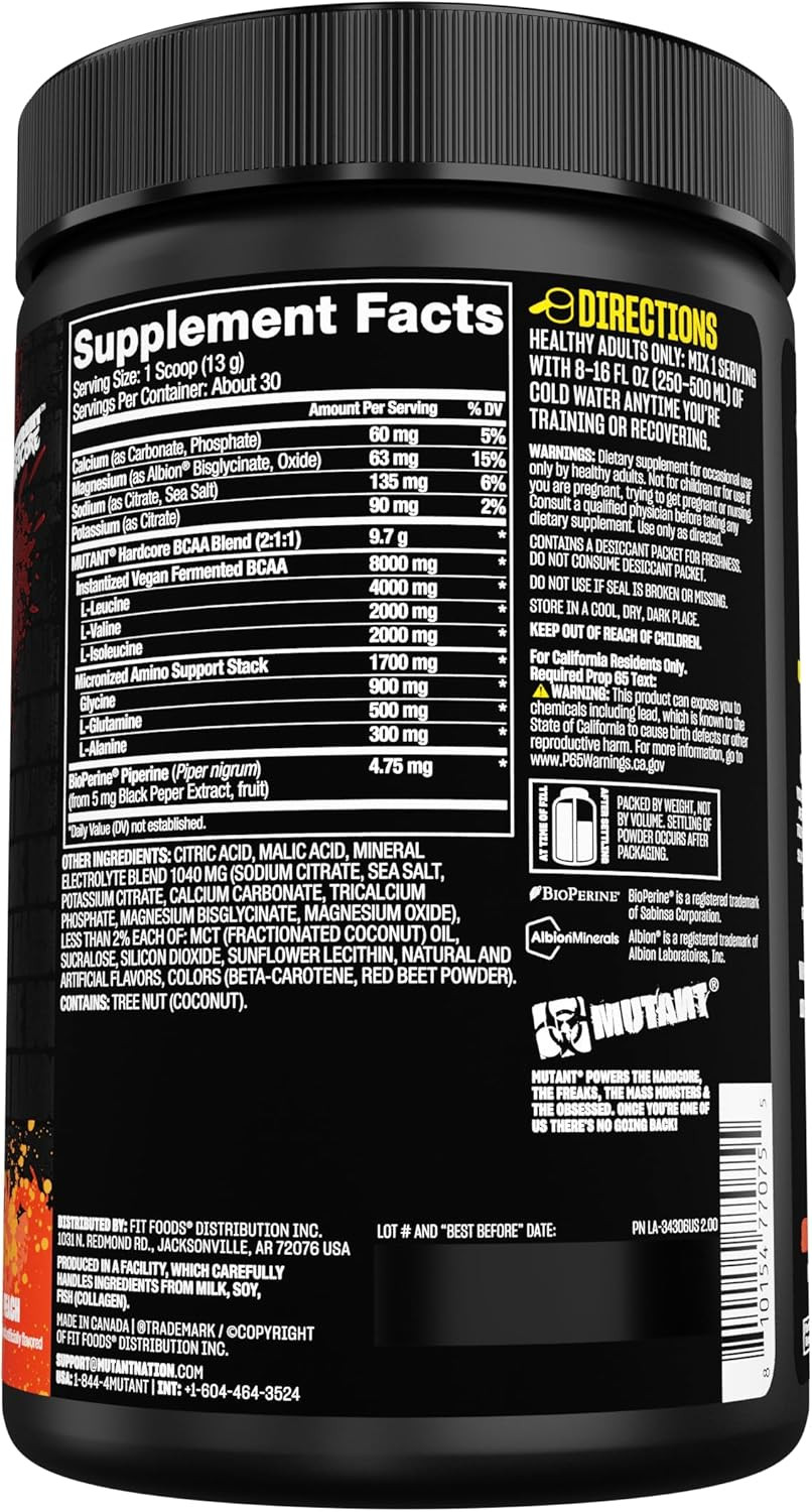 Mutant Hardcore Bcaa - Pre, Intra Or Post Workout  Bcaa Next Level Branched-Chain Amino Acids Supplement  Hydration + Recovery - 30 Serving -Peach