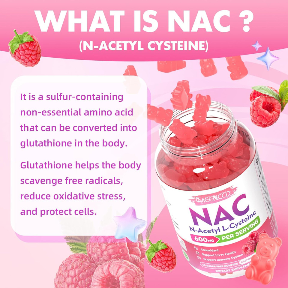 Nac Gummies, N Acetyl Cysteine 600Mg, Nac Supplement For Antioxidants & Immune Support, Lung & Liver Health, Sugar-Free, Natural Raspberry Flavor, 60 Count