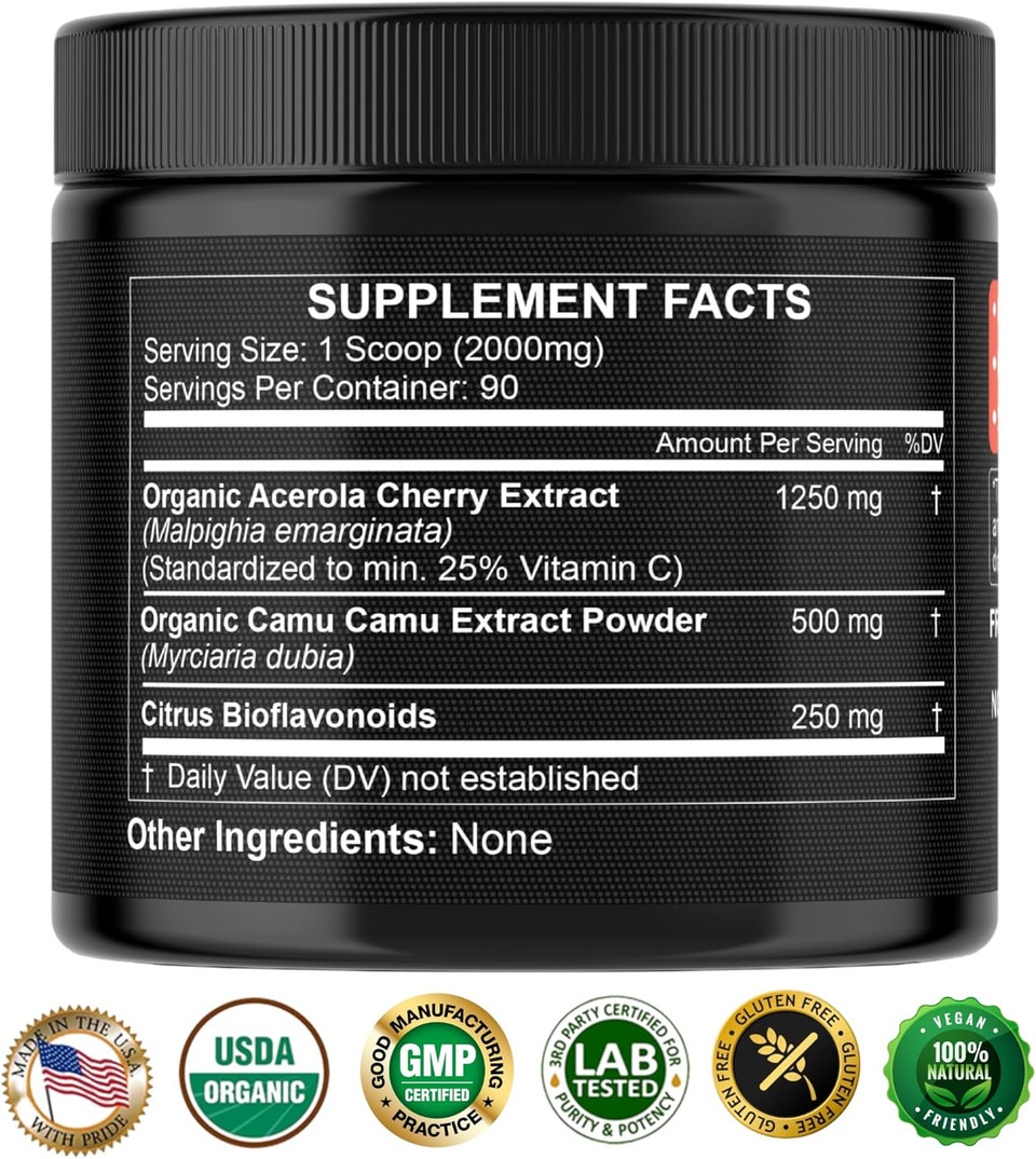Natural Vitamin C From Organic Acerola Cherry & Camu Camu Powder - High Absorption With Citrus Bioflavonoids - Immune System & Collagen Booster - Anti Aging Skin Vitamins Made In Usa 90 Servings