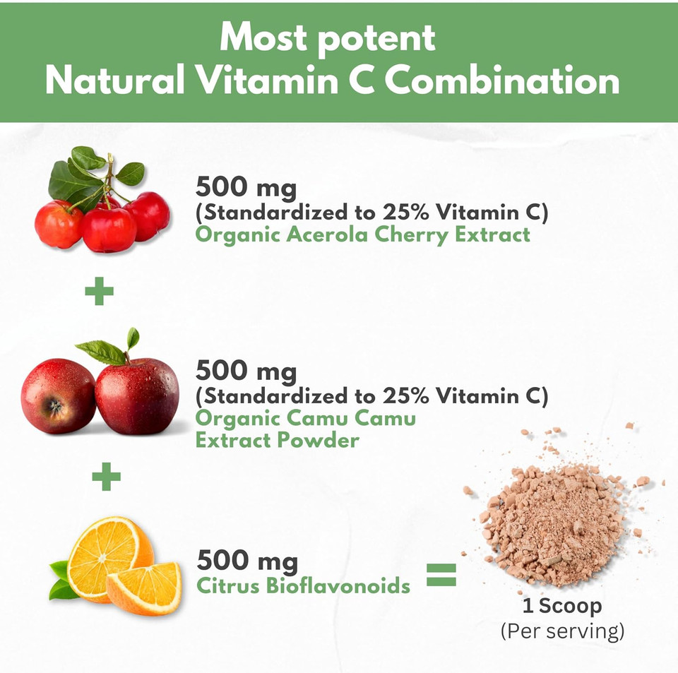 Natural Vitamin C From Organic Acerola Cherry & Camu Camu Powder - High Absorption With Citrus Bioflavonoids - Immune System & Collagen Booster - Anti Aging Skin Vitamins Made In Usa 90 Servings
