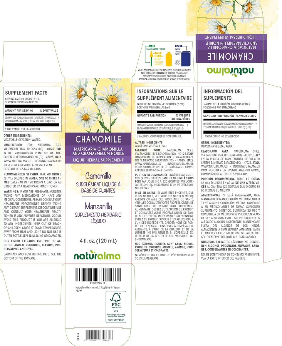 Naturalma German And Roman Chamomile (Matricaria Chamomilla And Chamaemelum Nobile) Flower Alcohol-Free Tincture - 6.76 Fl Oz Liquid Extract In Drops - Herbal Supplement - Vegan