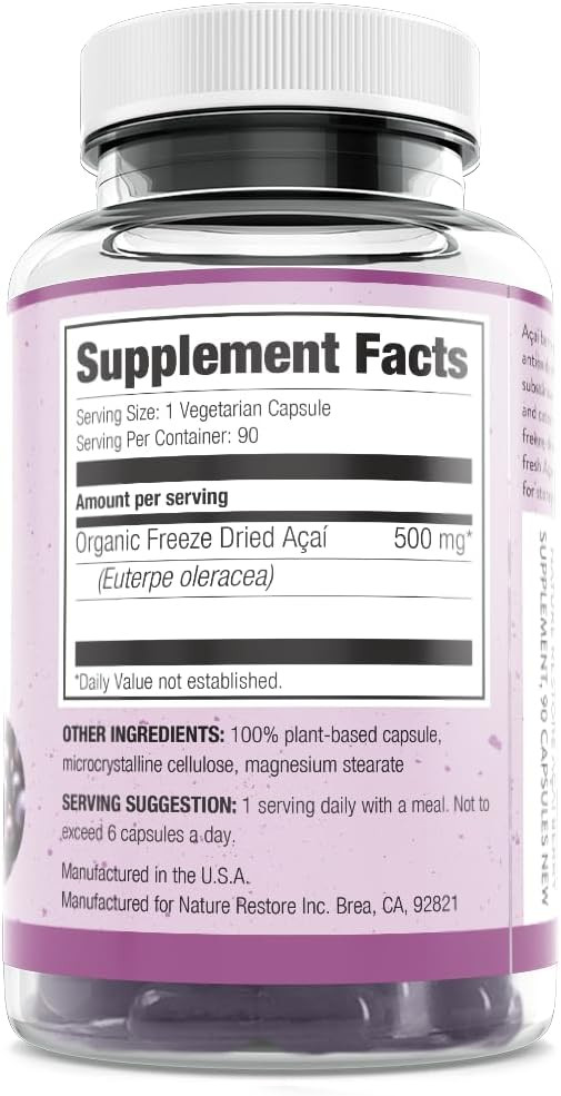 Nature Restore Organic Acai Berry Supplement, Freeze Dried, 90 Acai Berry Capsules, Non Gmo, Gluten Free, Vegan