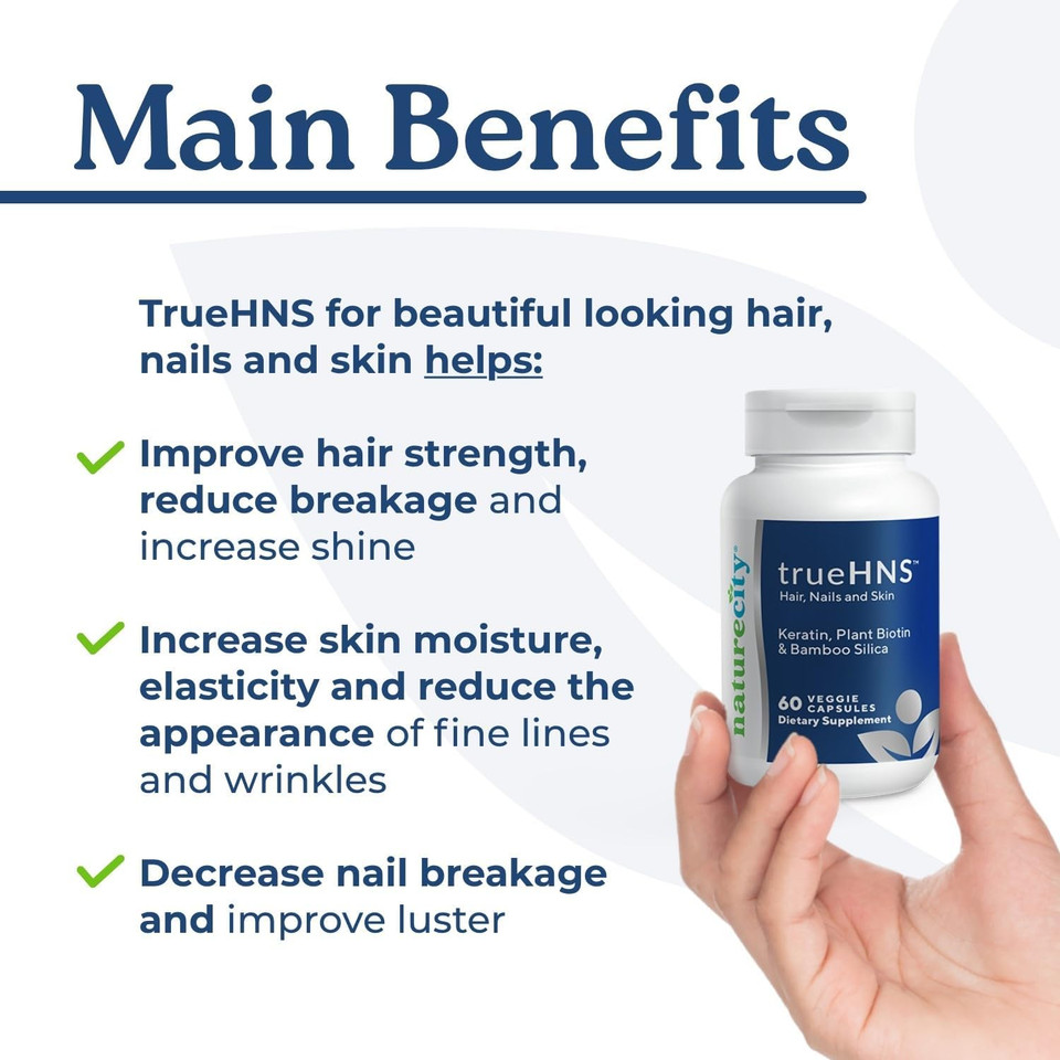 Naturecity True-Hns Hair Nails And Skin Cynatine Keratin And Plant Based Biotin Vitamin Supplement | Fuller And Stronger Hair And Nails | Non Gmo | 60 Veggie Capsules