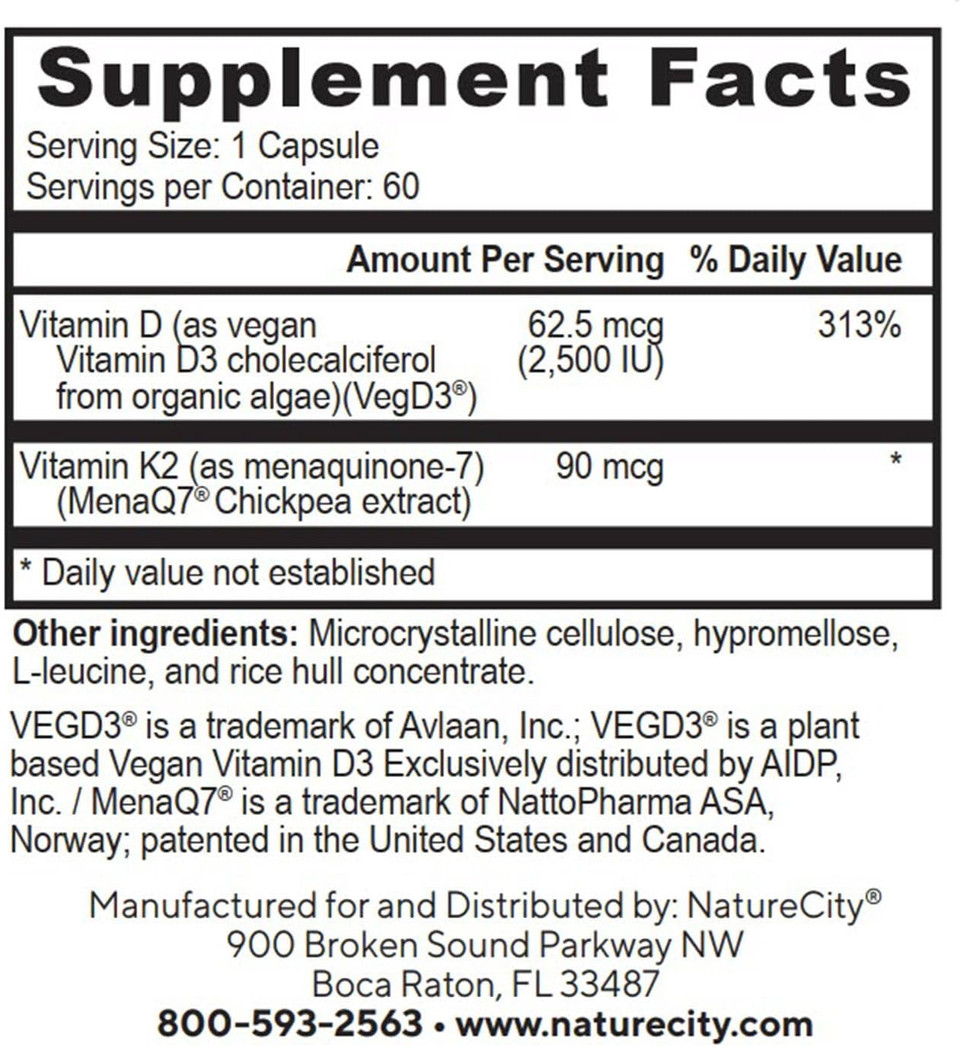 Naturecity Truek2D3 Plant Based Vitamin K2 Mk7 (90 Mcg) & D3 From Algae(2,500 Iu) 2 In 1 Vitamin D3 K2 Supplement For Bone, Heart And Immune Health  60 Veggie Capsules