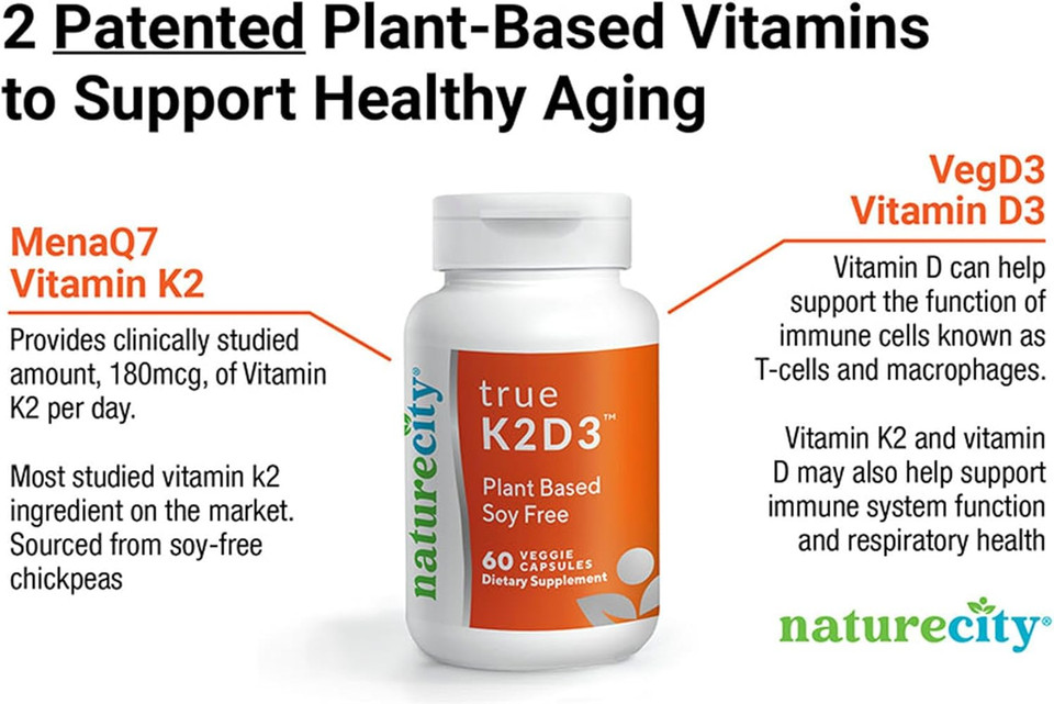 Naturecity Truek2D3 Plant Based Vitamin K2 Mk7 (90 Mcg) & D3 From Algae(2,500 Iu) 2 In 1 Vitamin D3 K2 Supplement For Bone, Heart And Immune Health  60 Veggie Capsules