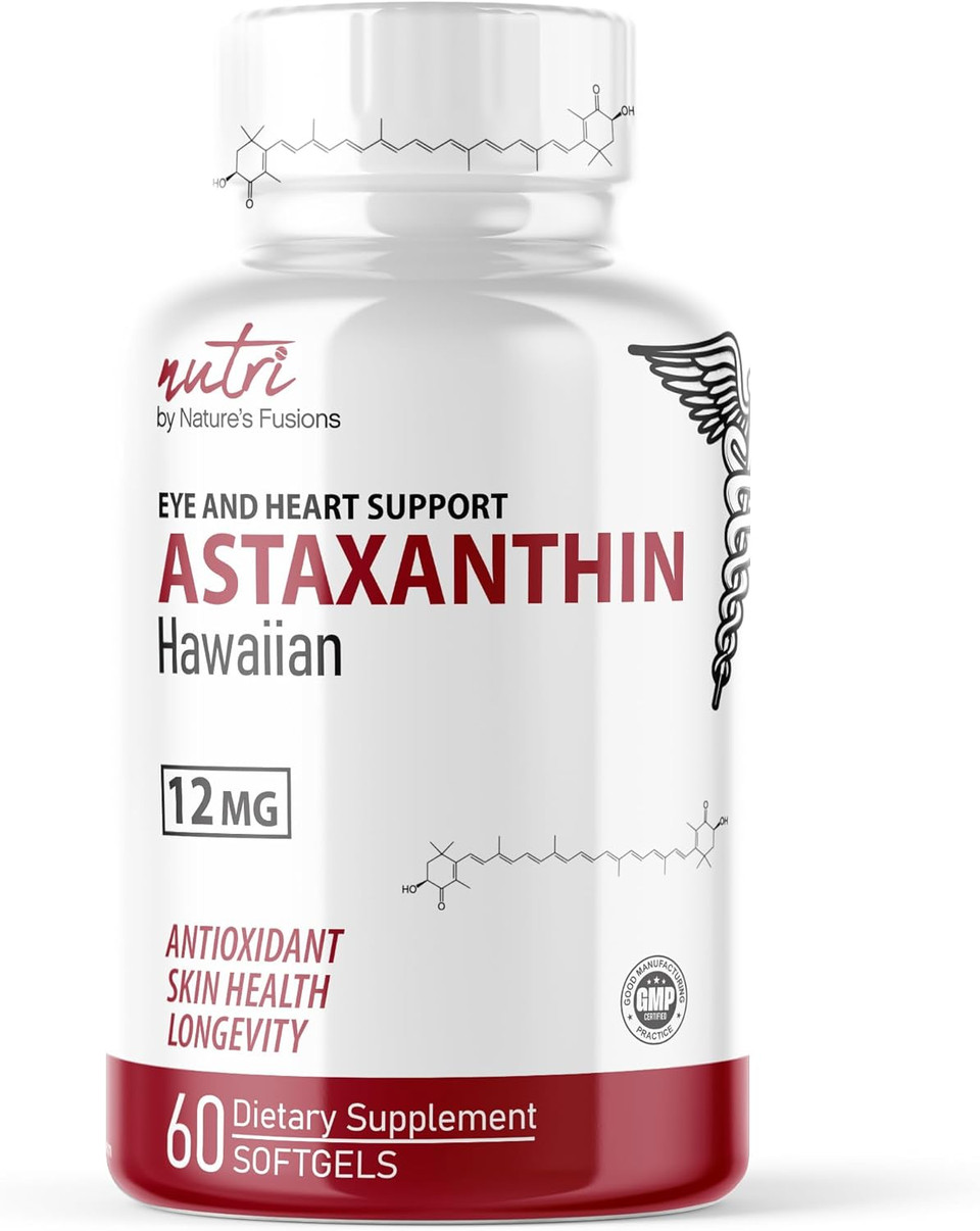 Nature'S Fusions Nutri Astaxanthin 12Mg Max Strength - Premium Supplements Grown In Hawaii - Powerful Antioxidant, Promotes Heart And Eye Health - 60 Softgels For Fast Absorption