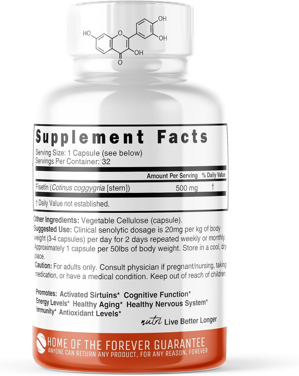 Nature'S Fusions Nutri Fisetin 500Mg 32 Count - Clinical Dosage - Fisetin Supplements - Powerful Senolytic Activator, Antioxidant, & Brain Support - Natural Polyphenols - 32 Count