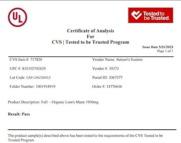 Nature'S Fusions Nutri Organic Lions Mane Supplement Capsules - 1900 Mg, 10:1 Dual Extraction, 120 Count - Mushroom Extract (Fruiting Body) - Third Party Tested