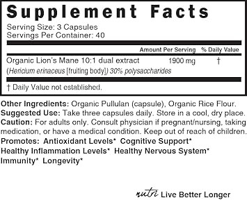 Nature'S Fusions Nutri Organic Lions Mane Supplement Capsules - 1900 Mg, 10:1 Dual Extraction, 120 Count - Mushroom Extract (Fruiting Body) - Third Party Tested