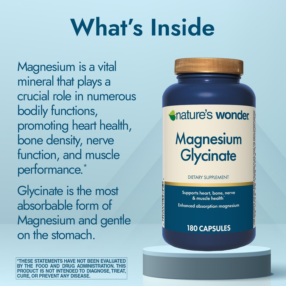 Nature'S Wonder Magnesium Glycinate 200Mg Per Serving, Magnesium Glycinate Supplement Supports Sleep, Muscle Relaxation, Heart, Bone, Nerve Health, 180 Capsules, 90 Day Supply