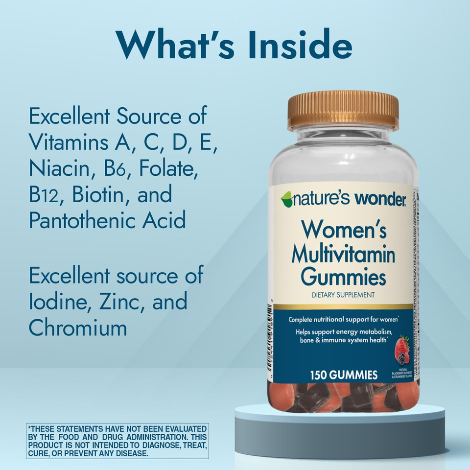 Nature'S Wonder Women'S Multivitamin Gummies, Supports Energy, Metabolism, Bone And Immune System Health With Vitamins A,C,D,B6, B12, Biotin, Folic Acid, 75 Day Supply, 150 Count