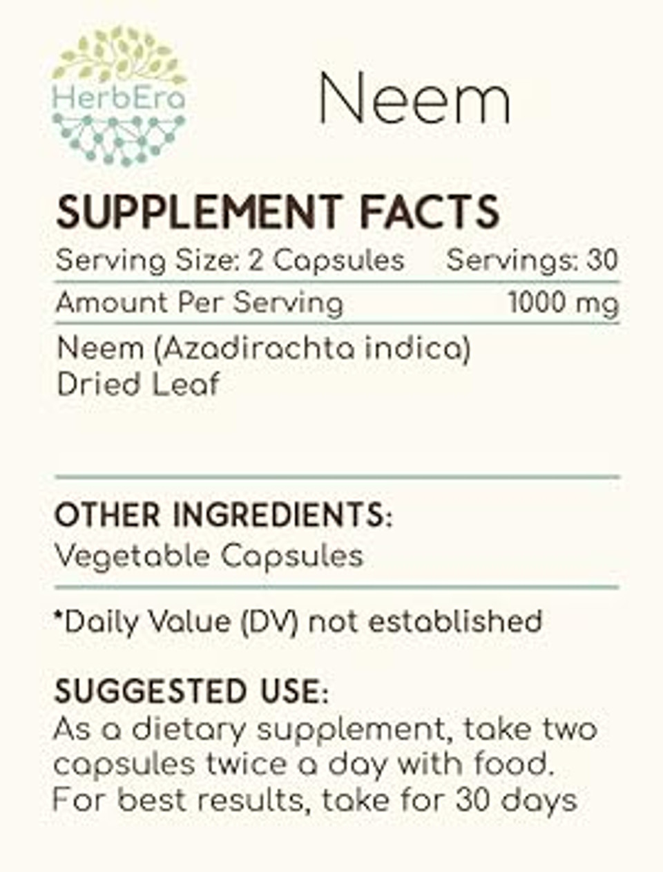Neem 60 Capsules, 500 Mg, Neem (Azadirachta Indica) Dried Leaf (60 Capsules)