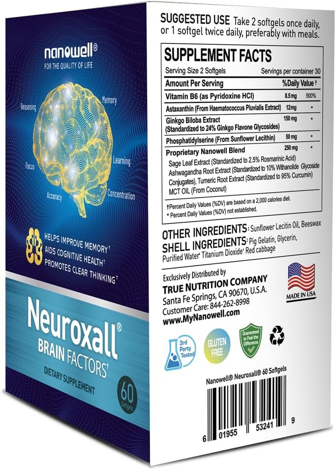 Neuroxall Brain Factors - Cognitive Support With Vitamin B6, Astaxanthin, Ginkgo Biloba Extract & Phosphatidylserine - Boosts Brain Health, Memory & Focus - 60 Softgels