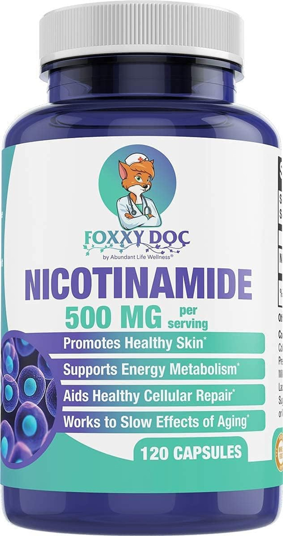 Nicotinamide 500 Mg - Vitamin B3  Energy; Cell & Skin Health. Value Priced - Flush-Free - 120 Veggie Caps By Foxxy Doc