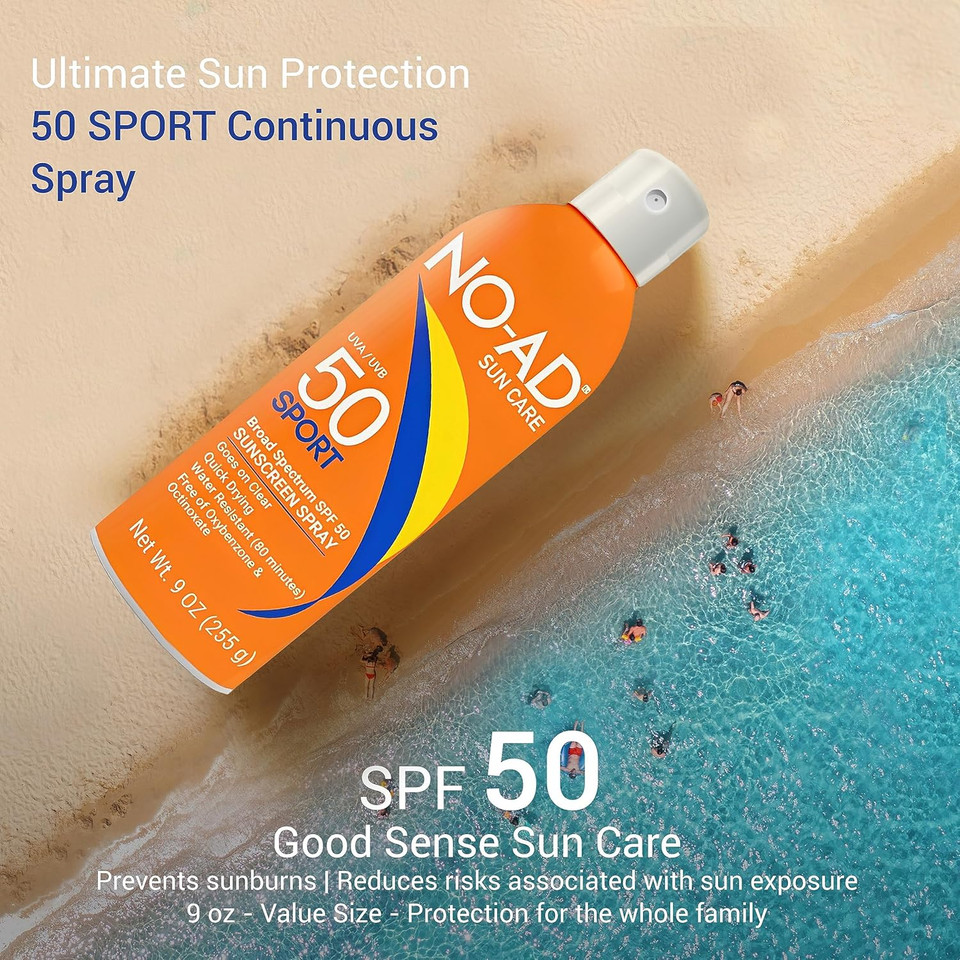 No-Ad Sport Spf 50 Sunscreen Spray | Non-Greasy, Waterproof And Non Toxic Sunscreen | Body Sunscreen | Suitable For All Skin Types | Broad Spectrum Protection For Active Lifestyles | 9 Oz