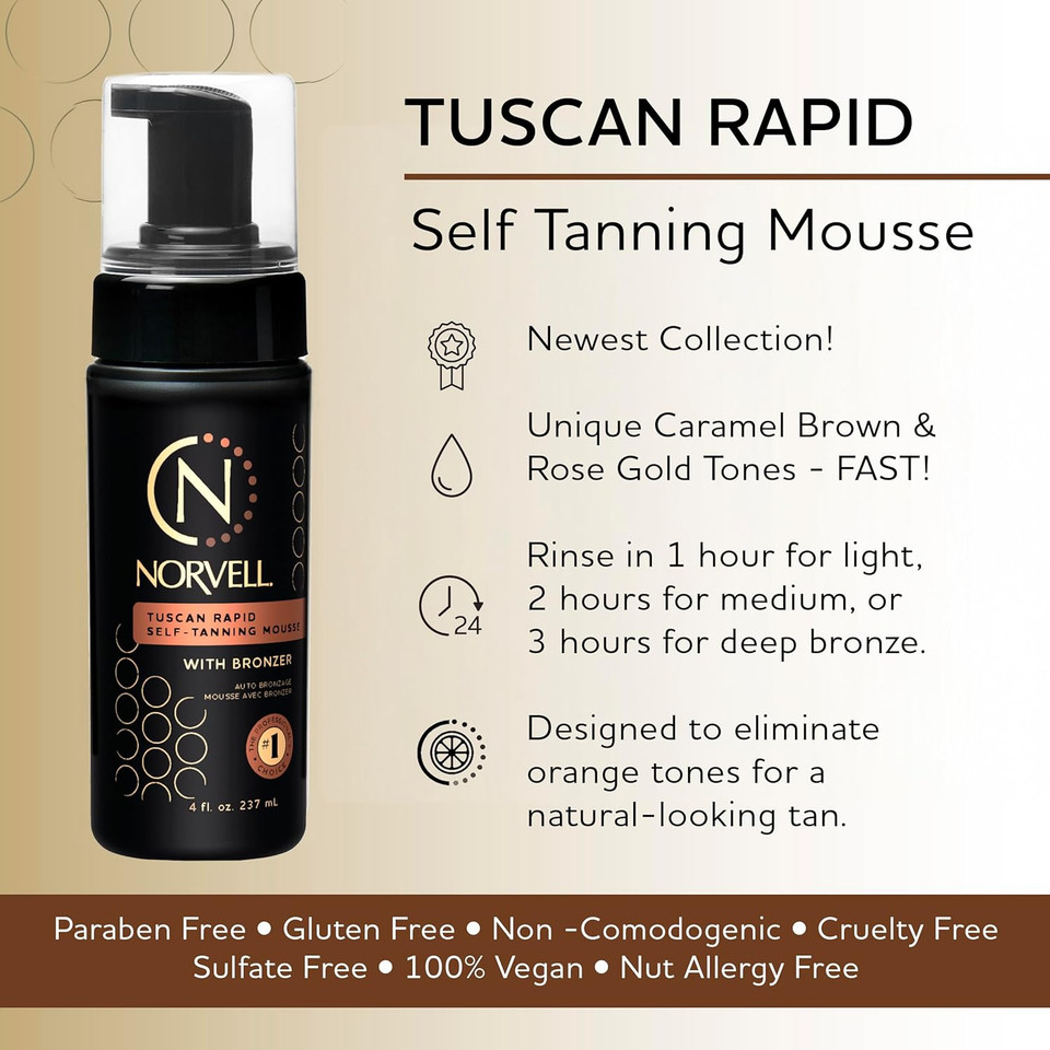 Norvell Tuscan Rapid Self-Tanning Mousse, 4 Fl. Oz., With Bronzer, Coconut Paradise Scent  Self-Tanner Foam With Natural Sun-Kissed Glow  Anti-Aging Tanning Foam For Smooth, Hydrated, Radiant Skin