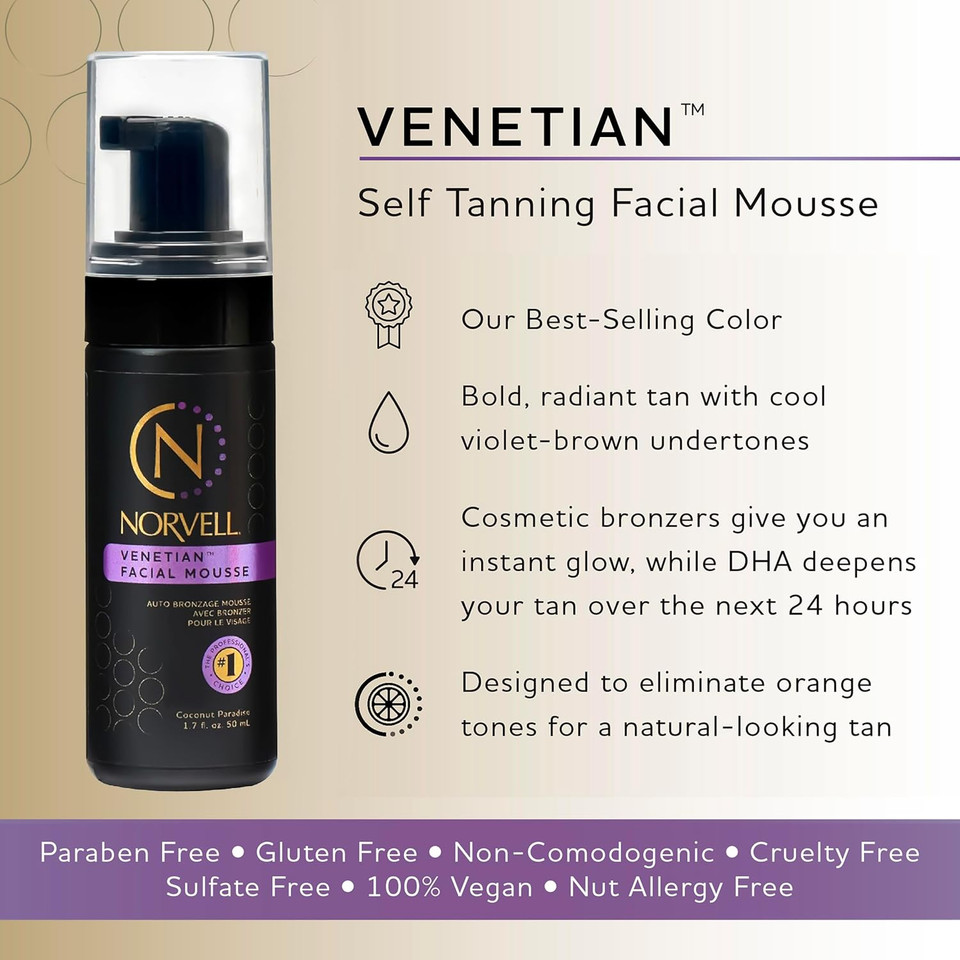 Norvell Venetian Sunless Facial Self Tanner Mousse With Bronzer, 1.7 Fl Oz - Instant Self Tanning - Natural Looking - Anti-Orange - Fake Tan For Bronzing Glow