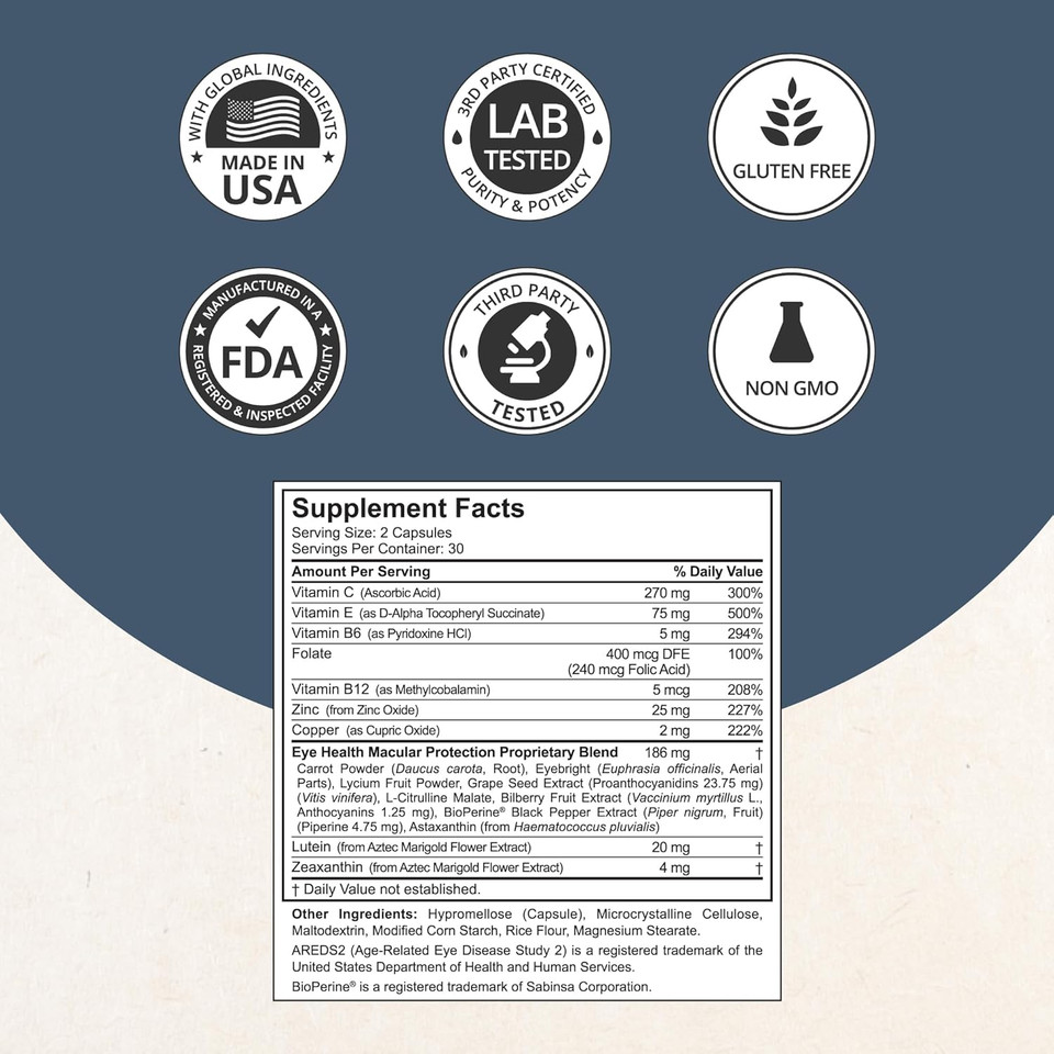 Nubest Areds 2 Eye Vitamins With Beta Carotene Carrot Powder, 20Mg Lutein, 4Mg Zeaxanthin, Bilberry, Grape Seed, Bioperine, B-Complex, Multivitamin For Eye Health | 60 Vegan Capsules | 1 Month Supply