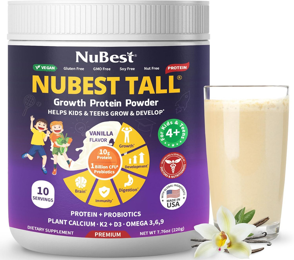 Nubest Bundle Vanilla Plant-Based Protein 10 Serving Tall Kids 60 Chewable Tablets - Multivitamin, Calcium, Probiotic, Omega 3-6-9 And More