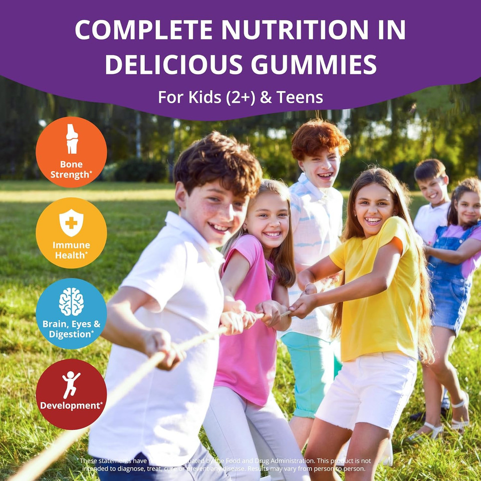 Nubest Tall Gummies For Kids Age 2+ & Teens | Bone Strength, Immunity, Digestive Health With Calcium, Vitamin D3, K2, B Complex, Magnesium, Zinc | 20+ Vitamins Berries Gummies, No Added Sugar