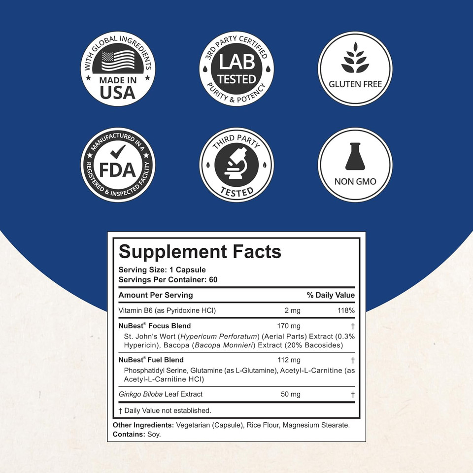 Nubrain Booster - Brain Supplement For Brain Booster, Memory, Focus & Clarity Support With St. JohnS Wort, Ginkgo Biloba, Bacopa & More - 60 Vegan Capsules | 1 Month Supply