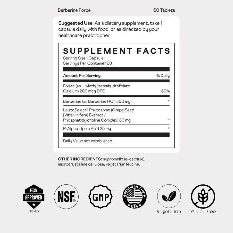 Nuray Berberine Force - Supports Cognitive Health, Gastrointestinal Health, Cardiovascular Health, And Boosts Metabolism - With Folate, R-Alpha Lipoic Acid - 60 Count - 500Mg