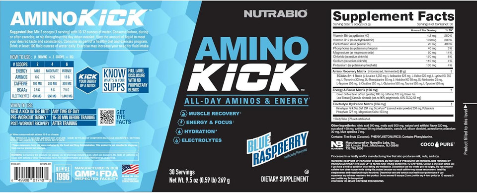 Nutrabio Amino Kick  Bcaa Powder With Natural Caffeine  Amino Acids Supplement For Energy, Hydration & Recovery  Bcaas, Electrolytes & Amino Acids  Pineapple Passionfruit, 30 Servings