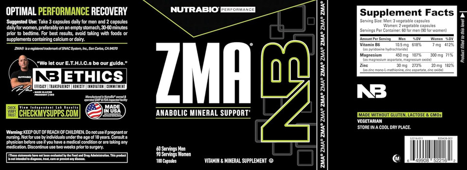 Nutrabio Zma Supplements For Men & Women- Zinc Magnesium Supplements To Support Hormone Levels, Peak Performance, Sleep, Muscle Recovery, Immune Health, 180 Ct
