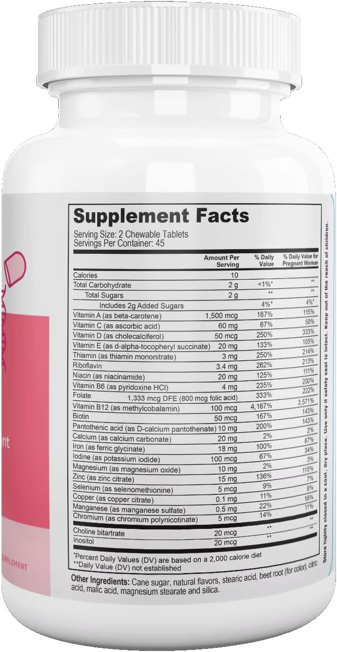 Nutri Supreme Prenatal Vitamin, Chewable Prenatal Vitamins For Women With 800 Mcg Of Folate, Complete Pregnancy Multivitamin With Iron, Kosher, Cherry Flavor, 90 Count