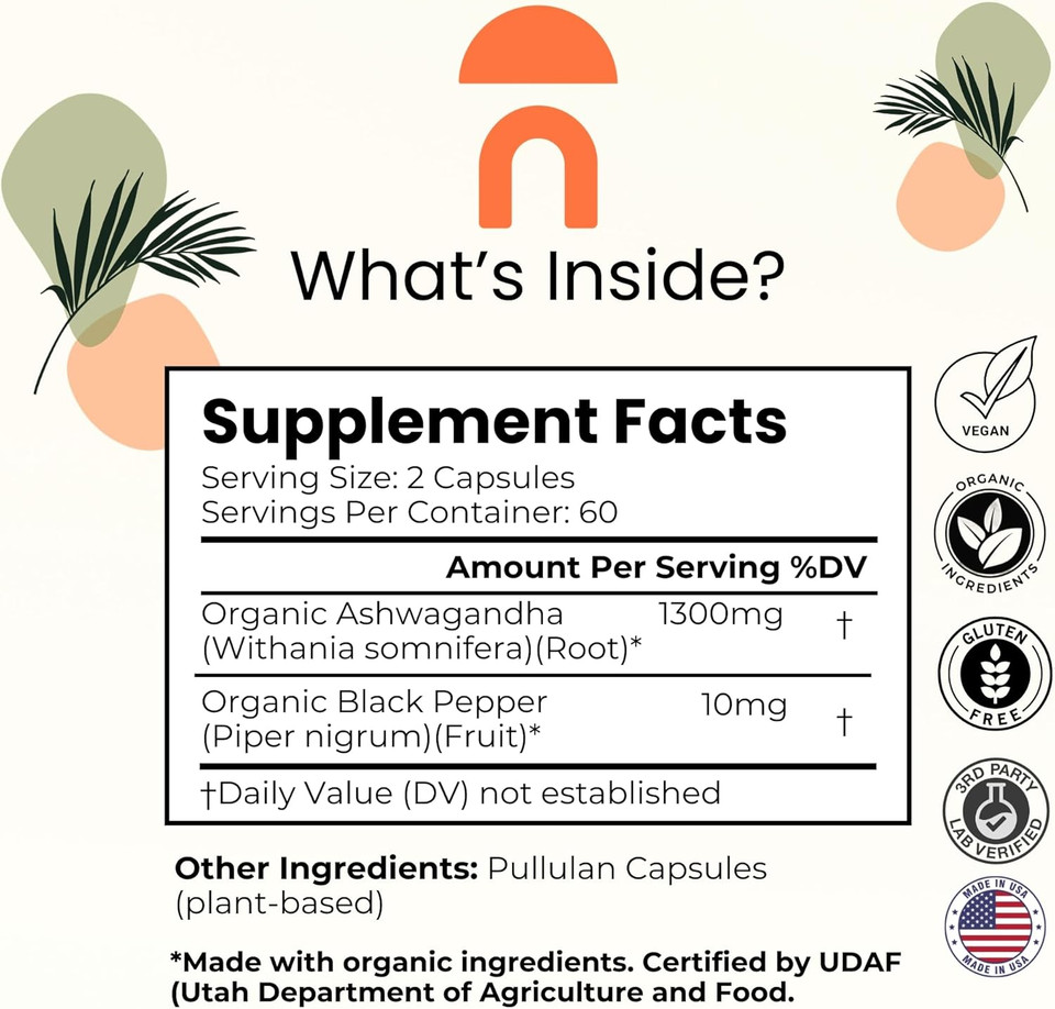 Nutririse Organic Ashwagandha Root Capsules With Black Pepper, 1300Mg, Natural Stress & Mood, Thyroid, And Immune Support Supplement, Clarity, Focus & Energy, Gluten Free, 120 Count