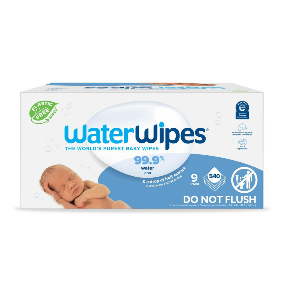 Waterwipes Plastic-Free Original-Baby Wipes, 99.9% Water Based Wipes, Unscented & Hypoallergenic For Sensitive Skin, 540 Count (9 Packs), Packaging May Vary