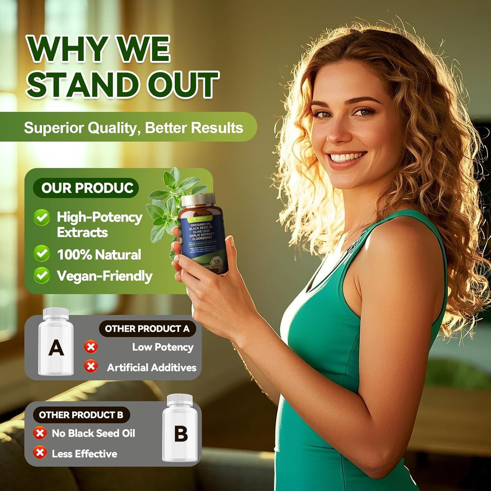 Oil Of Oregano With Black Seed Oil Capsules High Absorption With Garlic,Olive Leaf,Quercetin,Black Pepper And More Supplement For Women And Men Immune Support Digestive Health 120 Counts