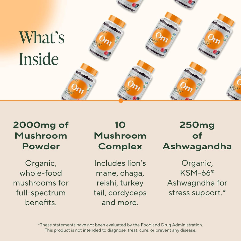 Om Master Blend Mushroom Gummies - Organic Mushroom Supplement With 10 Mushrooms And Ashwagandha  Support Immunity, Gut Health & Stress Relief, 56 Count (28 Servings), Mixed Berry Flavor