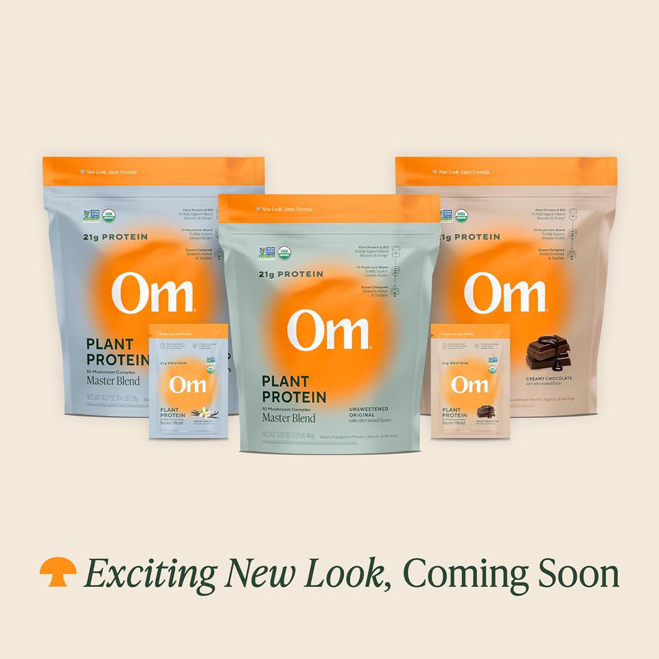 Om Mushroom Superfood Master Blend Plant-Based Protein Powder, 16 Servings, Creamy Vanilla With 10 Mushroom Blend & Adaptogens For Recovery, Glp-1 Support