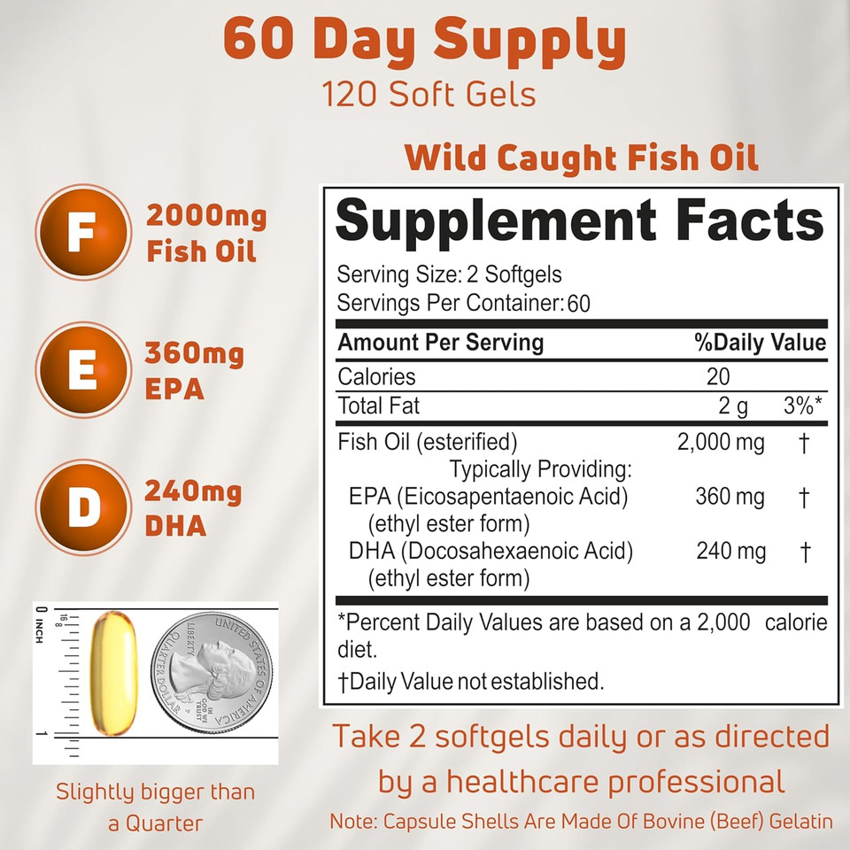 Omega 3 Fish Oil 2000Mg. Fish Oil Omega 3 Supplements To Support Heart Health, Brain Functions And Cardiovascular System - Non-Gmo, Gluten-Free & Keto-Friendly - 60 Servings, 120 Softgels