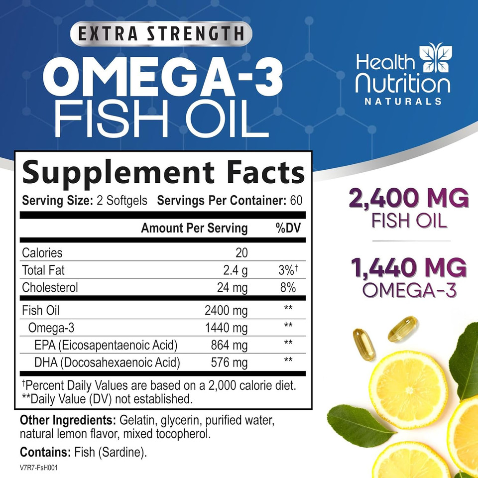 Omega 3 Fish Oil 2400 Mg - Triple Strength Omega3, Epa & Dha Fatty Acids Supplement - Natural Support For Immune, Heart & Brain Health - Wild Caught, Non-Gmo, Lemon Flavor, Burpless - 180 Softgels