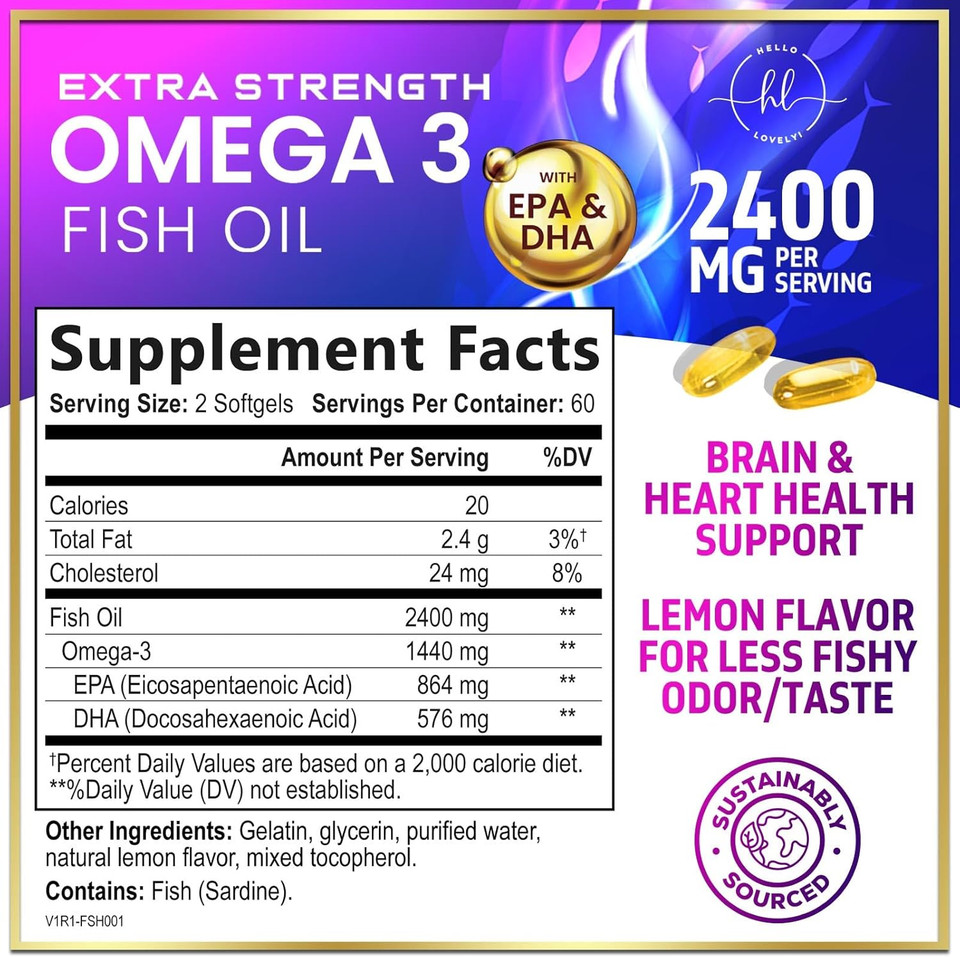 Omega 3 Fish Oil Supplements 2400Mg - Triple Strength Omega 3 Fatty Acids, Natural Heart Health Brain & Joint Support - Fatty Acids With Epa & Dha - Wild Caught Fish Oil Supplement - 120 Softgels