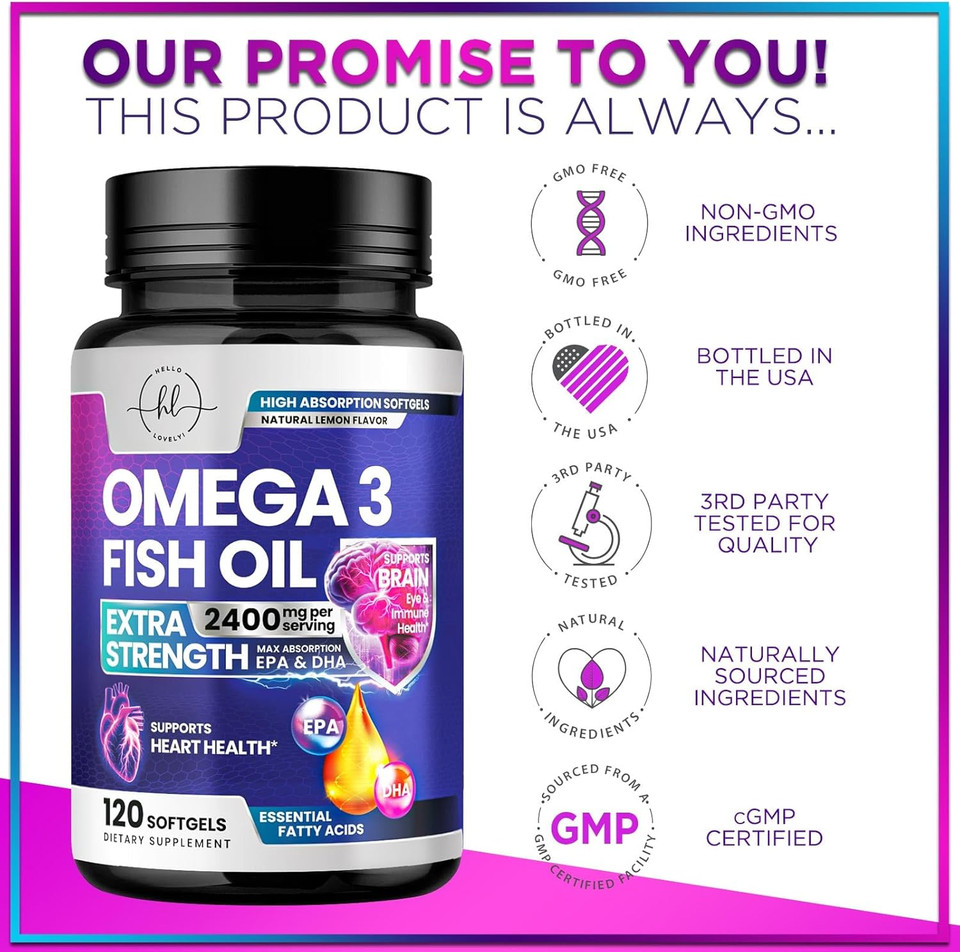 Omega 3 Fish Oil Supplements 2400Mg - Triple Strength Omega 3 Fatty Acids, Natural Heart Health Brain & Joint Support - Fatty Acids With Epa & Dha - Wild Caught Fish Oil Supplement - 120 Softgels