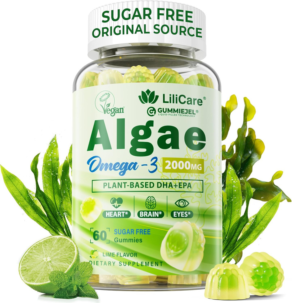 Omega 3 Gummies 2200Mg From Algae Oil (Dha 640Mg & Epa 290Mg) For Women & Men, Vegan Omega 3 Fish Oil Alternative, W/Coq10, Astaxanthin, Vitamin A, E, D3 For Brain, Eye, Antioxidant, Sugar Free, 1Pack