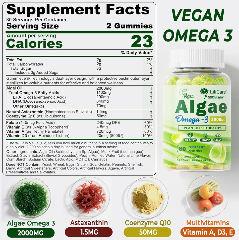 Omega 3 Gummies 2200Mg From Algae Oil (Dha 640Mg & Epa 290Mg) For Women & Men, Vegan Omega 3 Fish Oil Alternative, W/Coq10, Astaxanthin, Vitamin A, E, D3 For Brain, Eye, Antioxidant,Sugar Free 2Packs