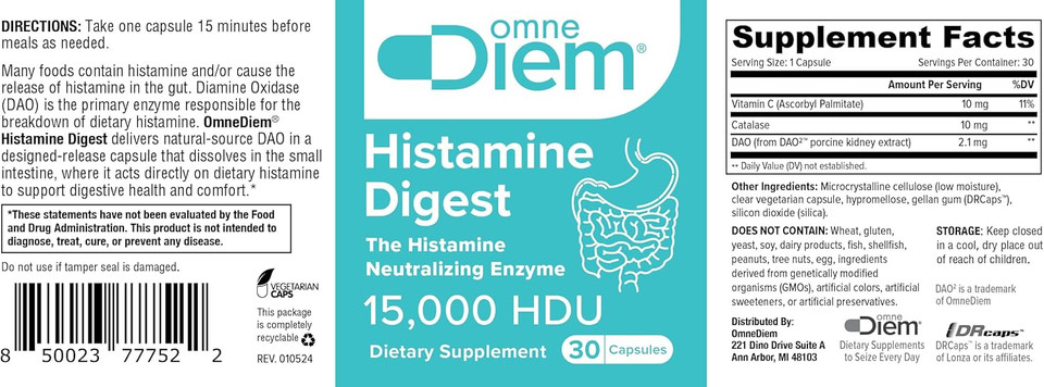 Omne Diem Histamine Digest 15000 Hdu Diamine Oxidase Dao Enzyme 30 Caps