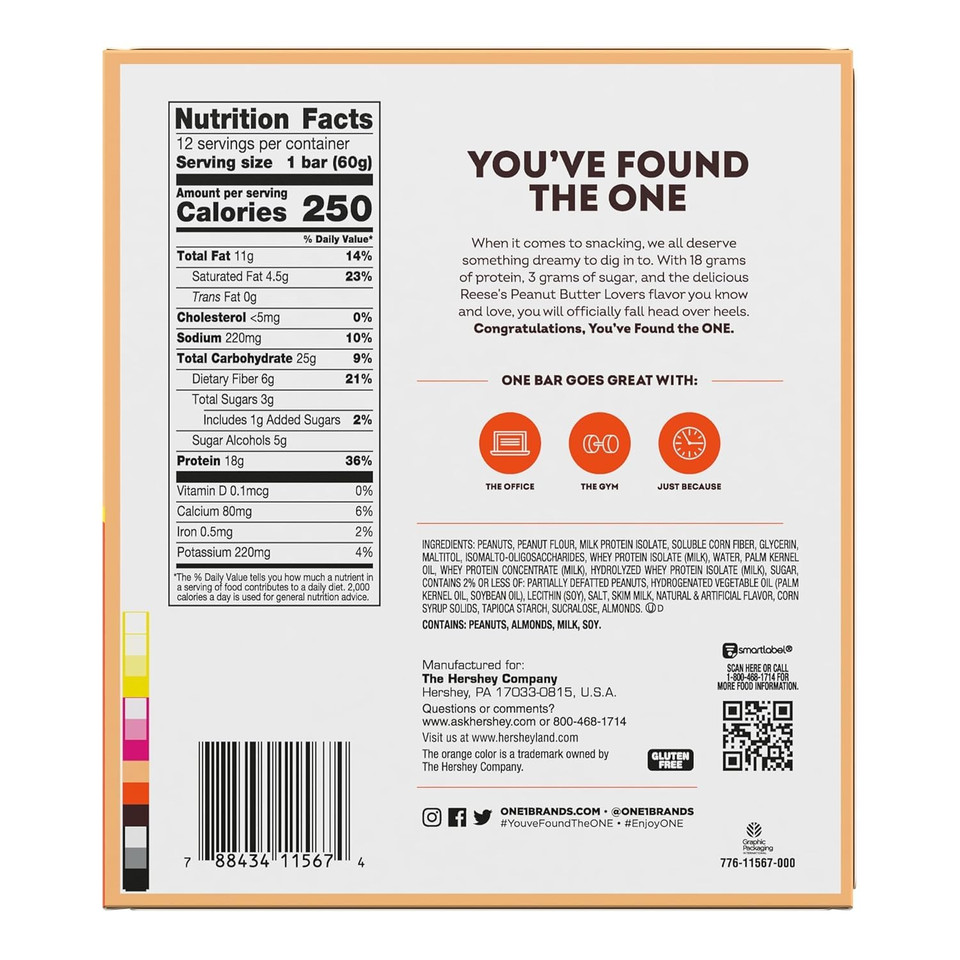 One Protein Bars, Reese'S Peanut Butter Lovers, Gluten Free With 18G Protein And 3G Sugar, Pantry Staples, 2.12 Oz (12 Count)