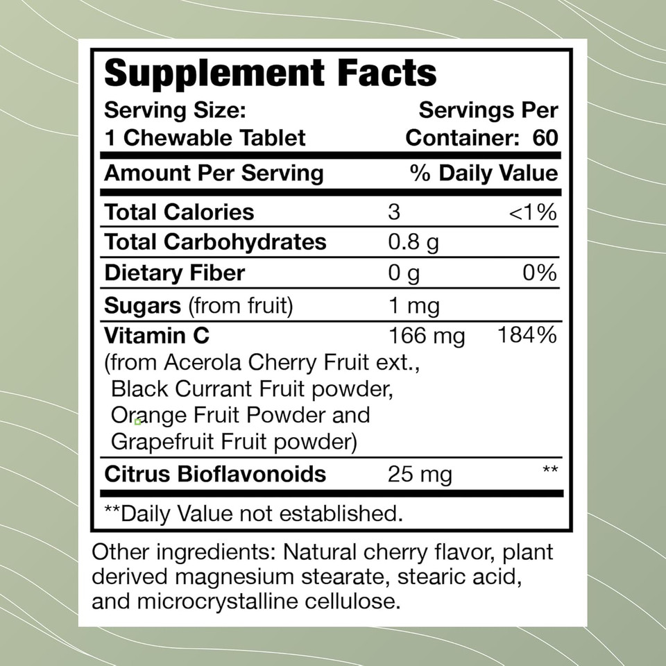Optimal Health Systems Whole C Chewable | Potent Vitamin C From Whole Foods | Acerola Cherry, Orange Fruit, & Black Currant + Bioflavenoids | 60 Tablets