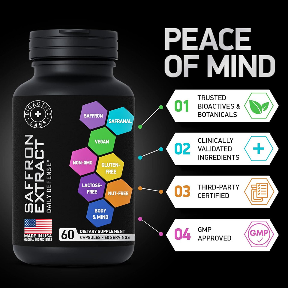 Optimized Saffron Supplements - 88.5Mg Pure Saffron Extract For Mood Support, Focus, Energy - Plus Crocin, Crocetin, Kaempferol - Gluten-Free, Non-Gmo - 1-A-Day 60 Capsules
